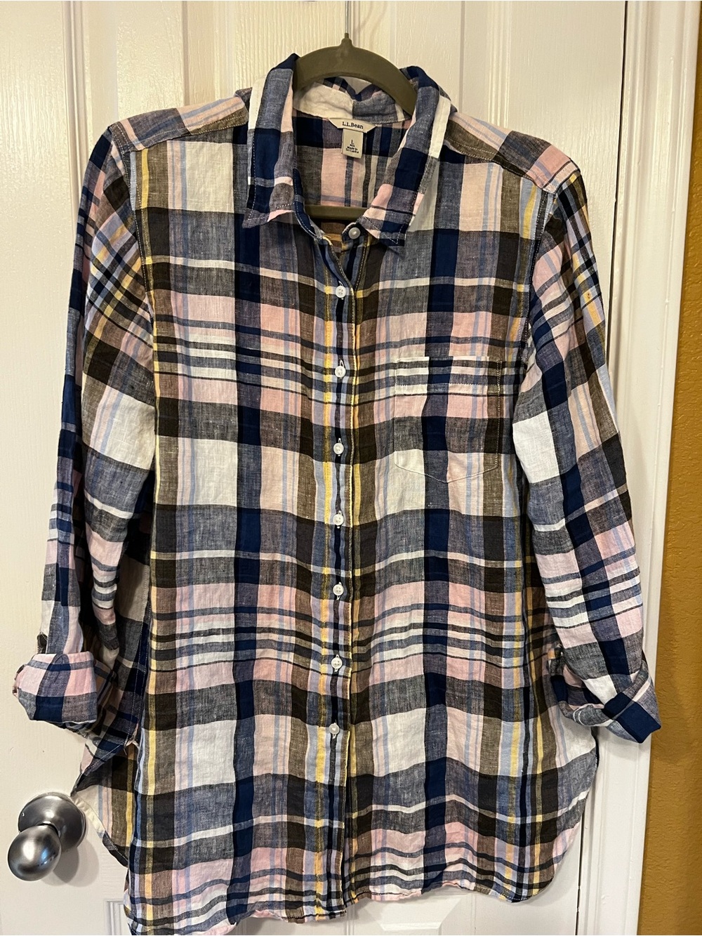 L.L. Bean Premium Wash Linen Plaid Button-Down Shirt, Size L